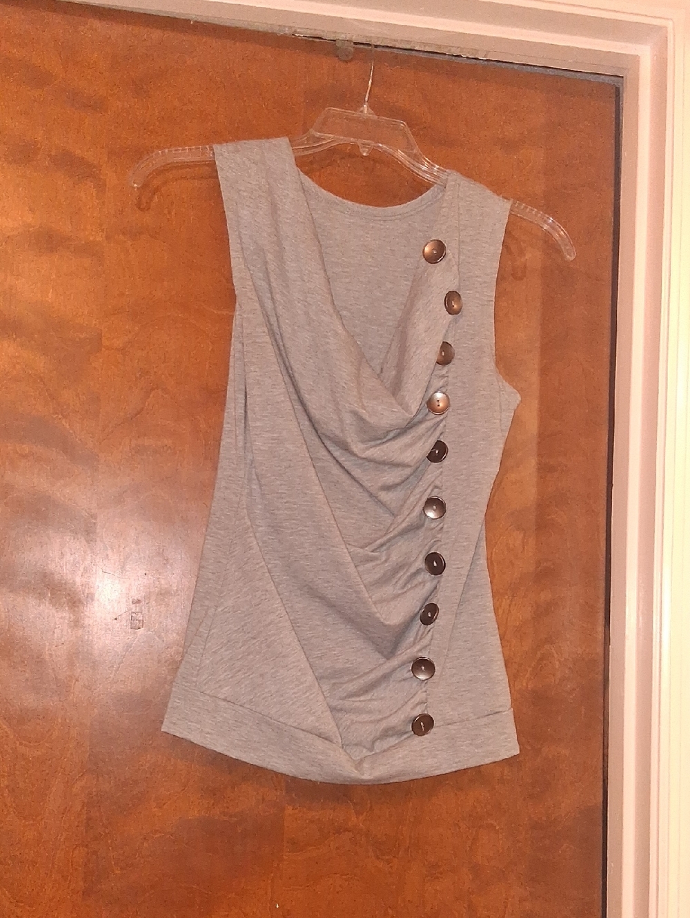 Sleeveless Gray Draped Button-Accent Women's Top